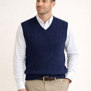 VINTAGE ANDHURST Shetland Wool Cable Knit Sweater Vest - Navy Blue Large